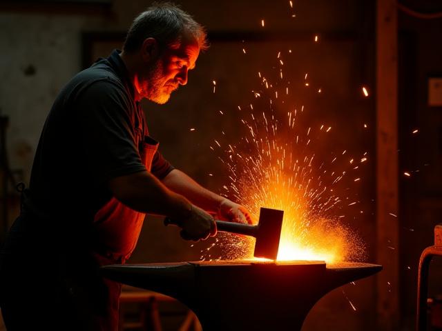 En metallkunstner som hamrer på rødglødende metall på en ambolt, med gnister som flyr rundt.